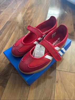 Brand new in box adidas Red Samba Jane Sneakers with White Stripes